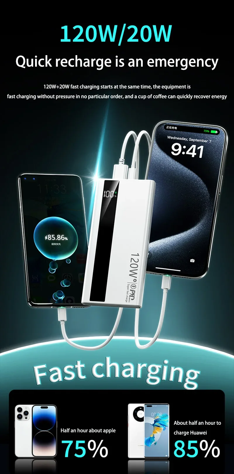 Xiaomi Power Bank 200000mAh 120W Super Fast Charging External Battery High Capacity Digital Display Charger For Iphone Samsung 6