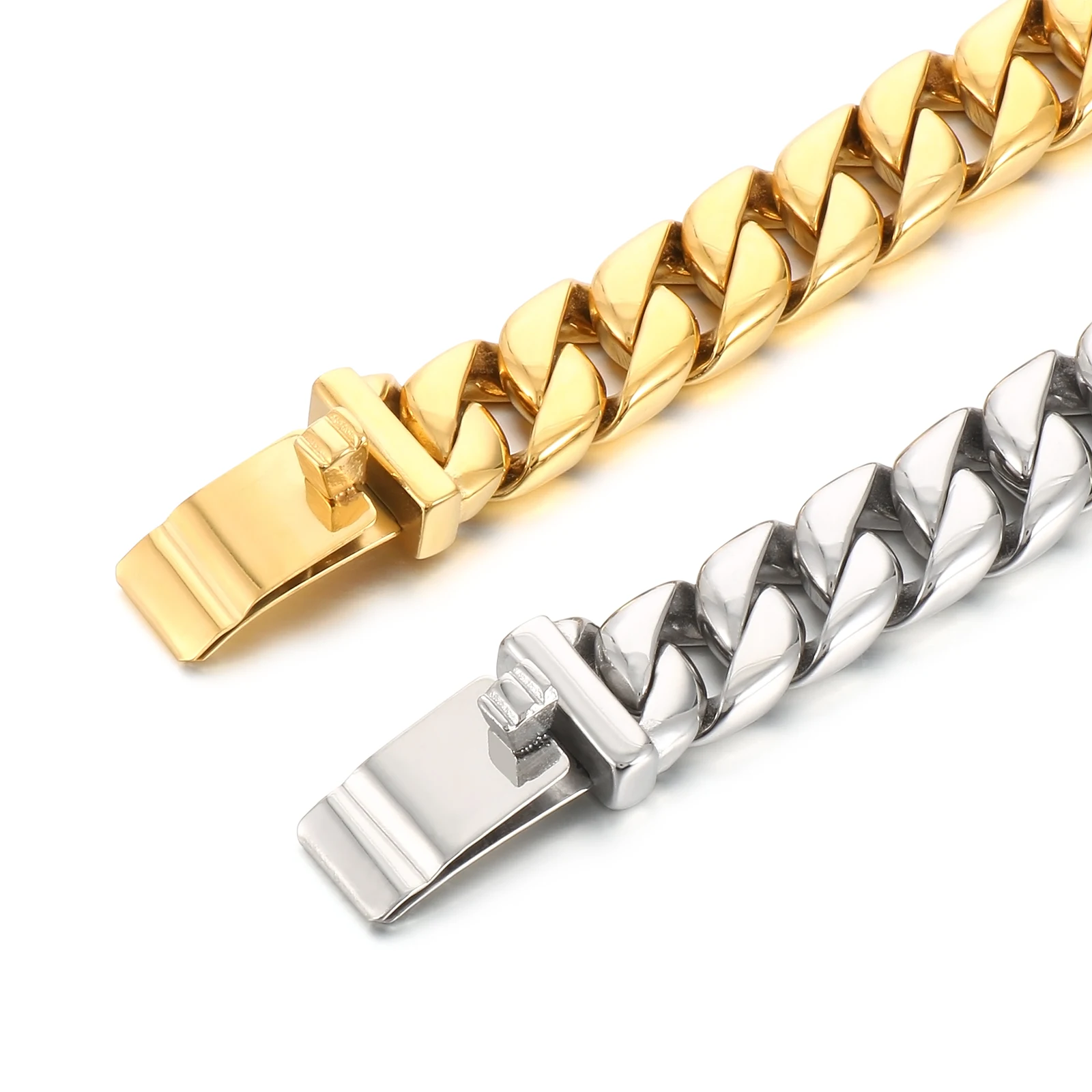 12mm Shiny Cuban Chain Bracelet & Necklace Jewelry Set - Stainless Steel 316L - Silver/Gold Color - KB23389-D