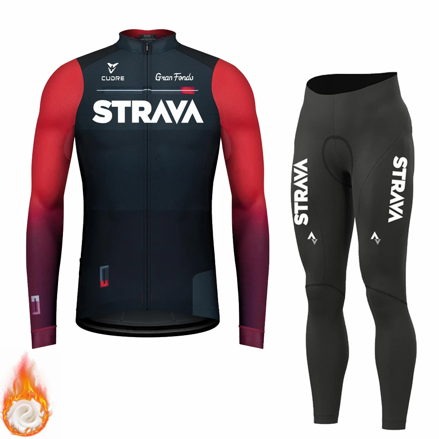 Winter Cycling Clothing STRAVA 2024 New Men's Long Sleeves Cycling Jersey Set Winter Thermal Fleece Road Bike Cycling Clothing 6