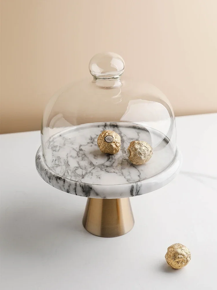 Marble Cake Pan Glass Cover Cake Stand Transparent Cover Golden High-foot Snack Counter Tray Kitchen Decoration Storage 5