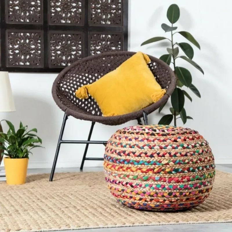 

Pouf Cover Ottoman Multicolor Braided Living Room Jute & Cotton Foot Stool Cover