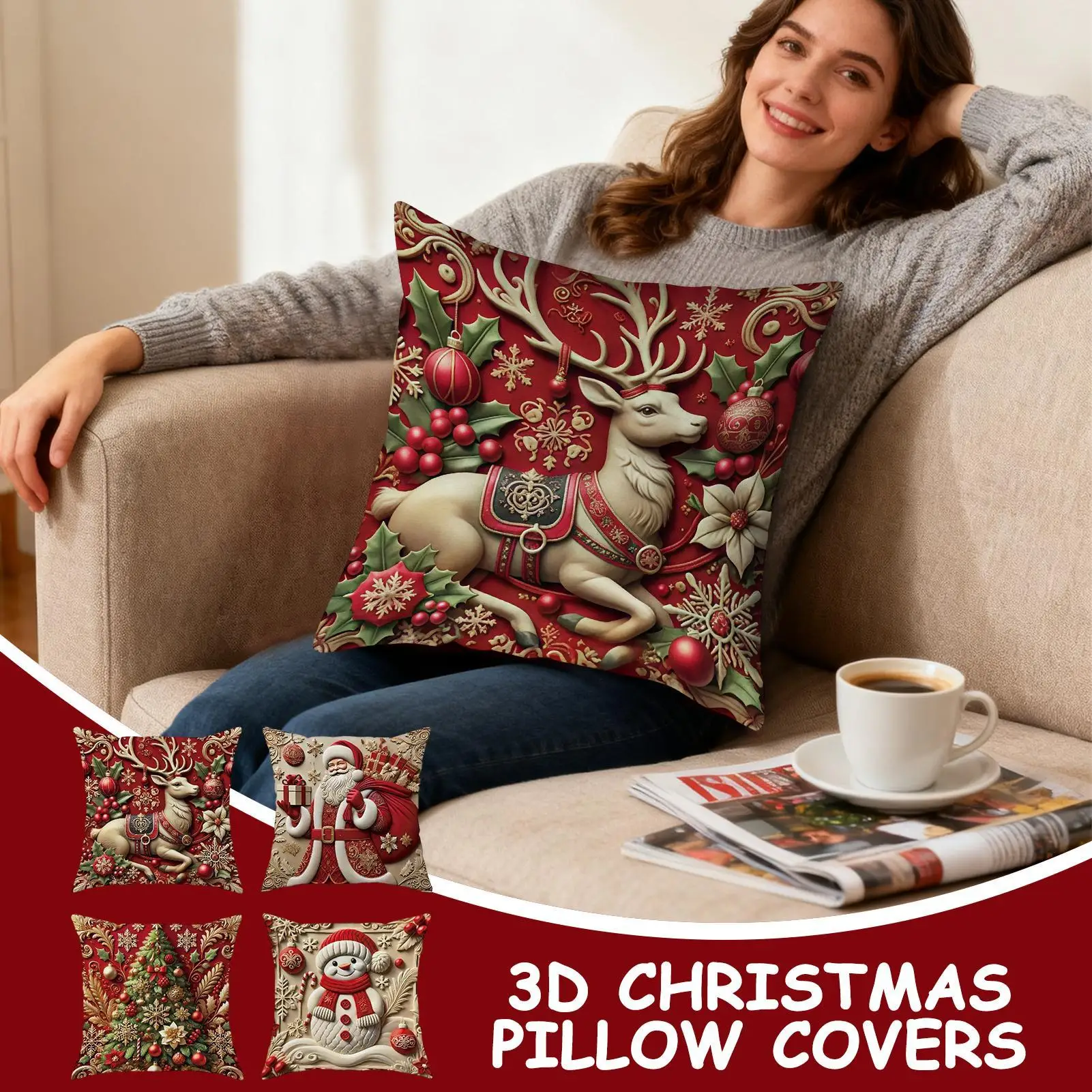 Christmas Pillow Cases 3D Visual Effect Pillowcases Winter Pillow Covers For Holiday Winter Home Bedroom Couch Sofa Porch