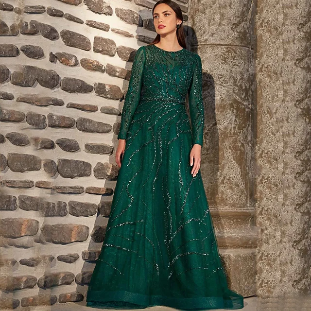 Exquisite O-Neck Long Sleeve Evening Dress Women Party A-Line Floor Length Shiny Beading with Belt High Quality Customized Gowns 1