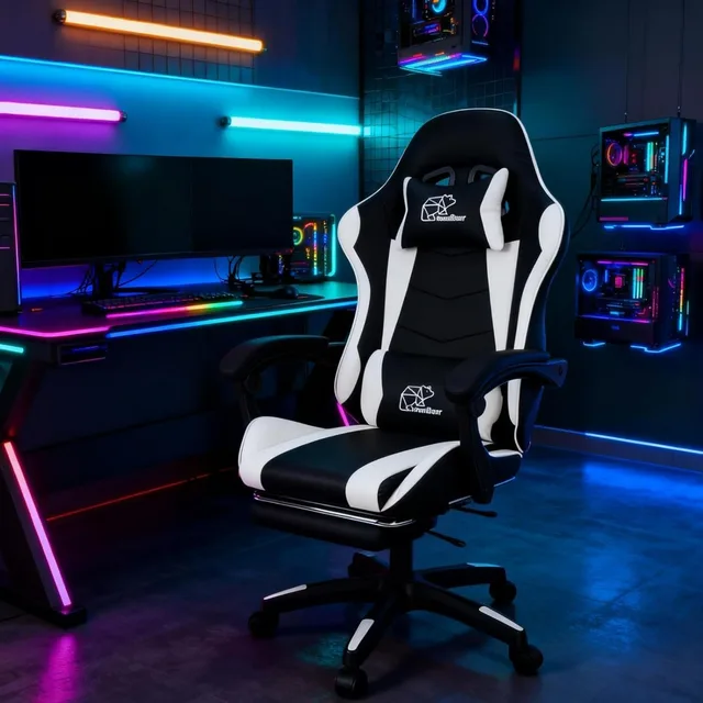Computer Gaming Chair, Ergonomic Gaming Chair, Leather Office Chairs with Foot Rest, Back Recliner Height Adjustable White+Black