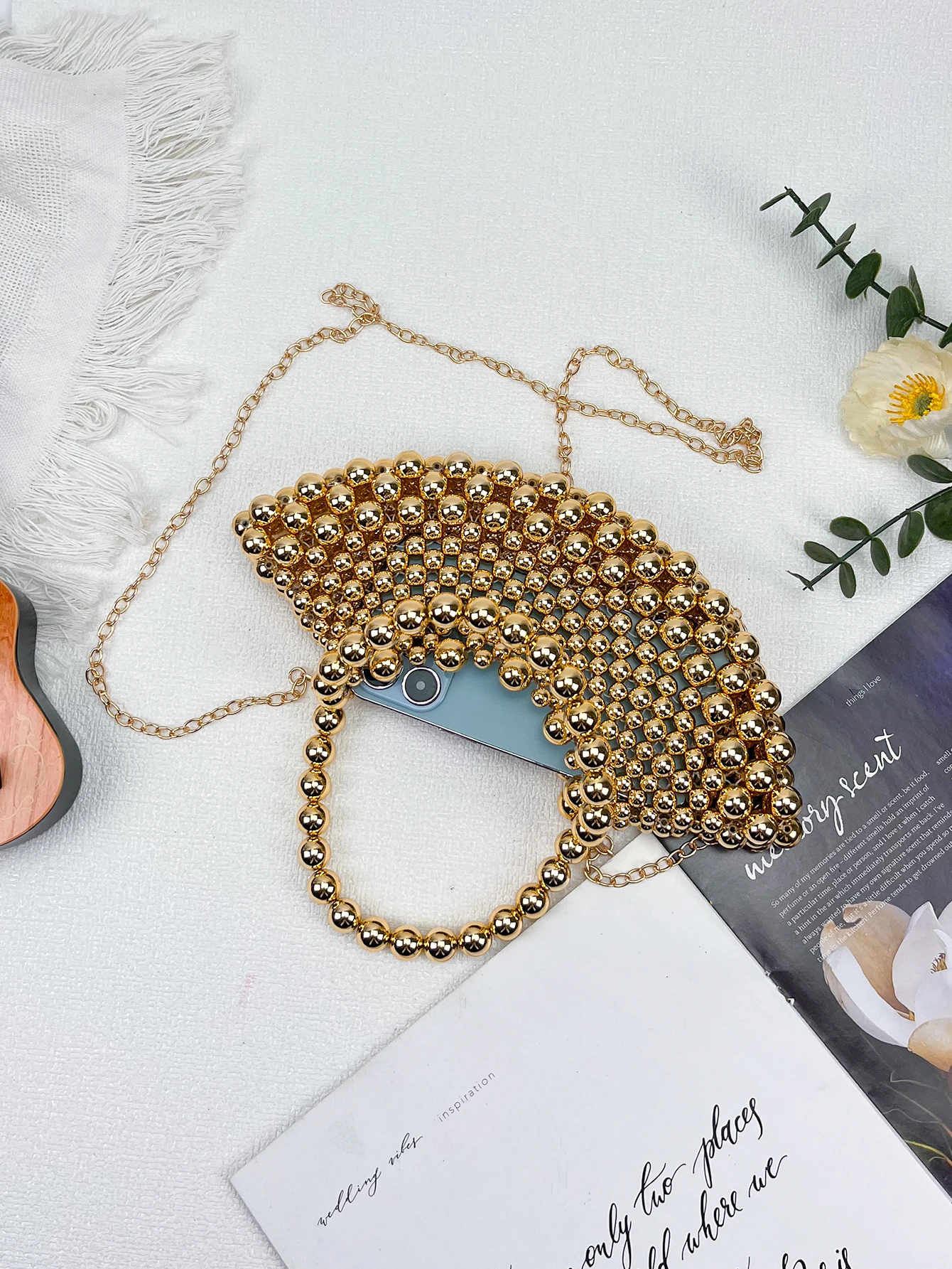 Summer high-end niche watch fan-shaped bead bag for women 2026+new crossbody handmade hollow bag