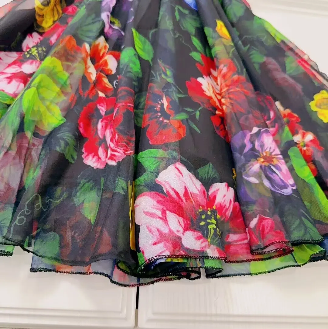 فستان أسود بأكمام قصيرة للفتيات ، ملابس أطفال ، لطيف ، تصميم زهرة ، أميرة ، الصيف