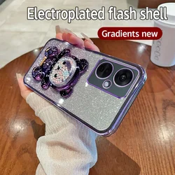 Soft Silicone Bling Shockproof Electroplated TPU Phone Case with Cute Bear Stand for Nord CE 3 Liite 5G (Purple)