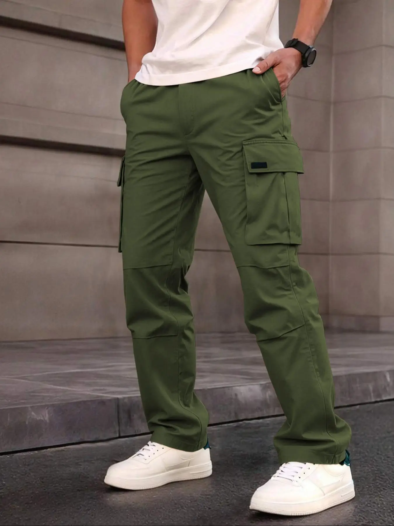Einfarbige Cargohose für Herren mit Pattentasche, Kordelzug am Bund, reguläre Passform, lässige Hose mit geradem Bein für den Alltag – Detail 12