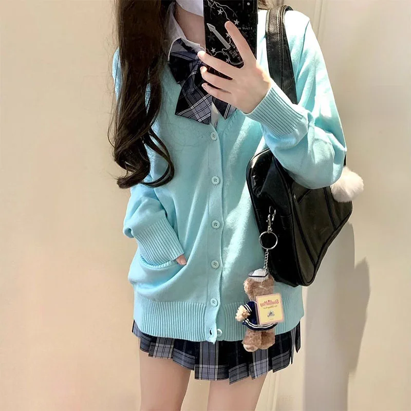 Preppy Style Jk Uniform Cardigan Sweater Japanese Style Women V-Neck Knitted Elastic Solid Slim Long Sleeve Harajuku Casual Coat 5