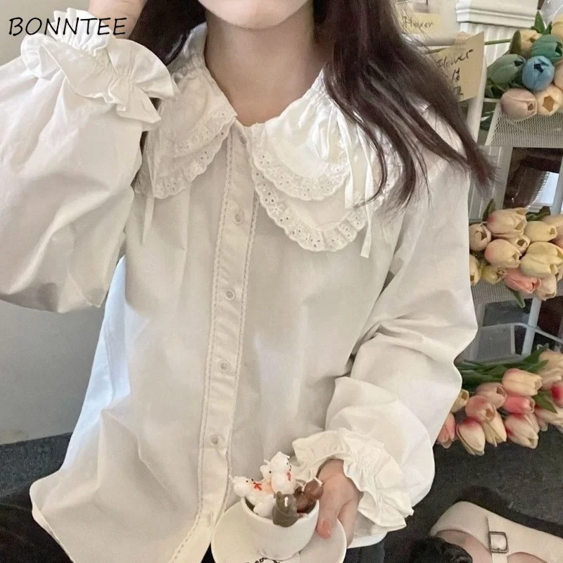 

Shirts Women Flare Sleeve Lovely Peter Pan Collar All-match Korean Style Solid Popular Fashion Cosy New Arrival Young Ladies Fit