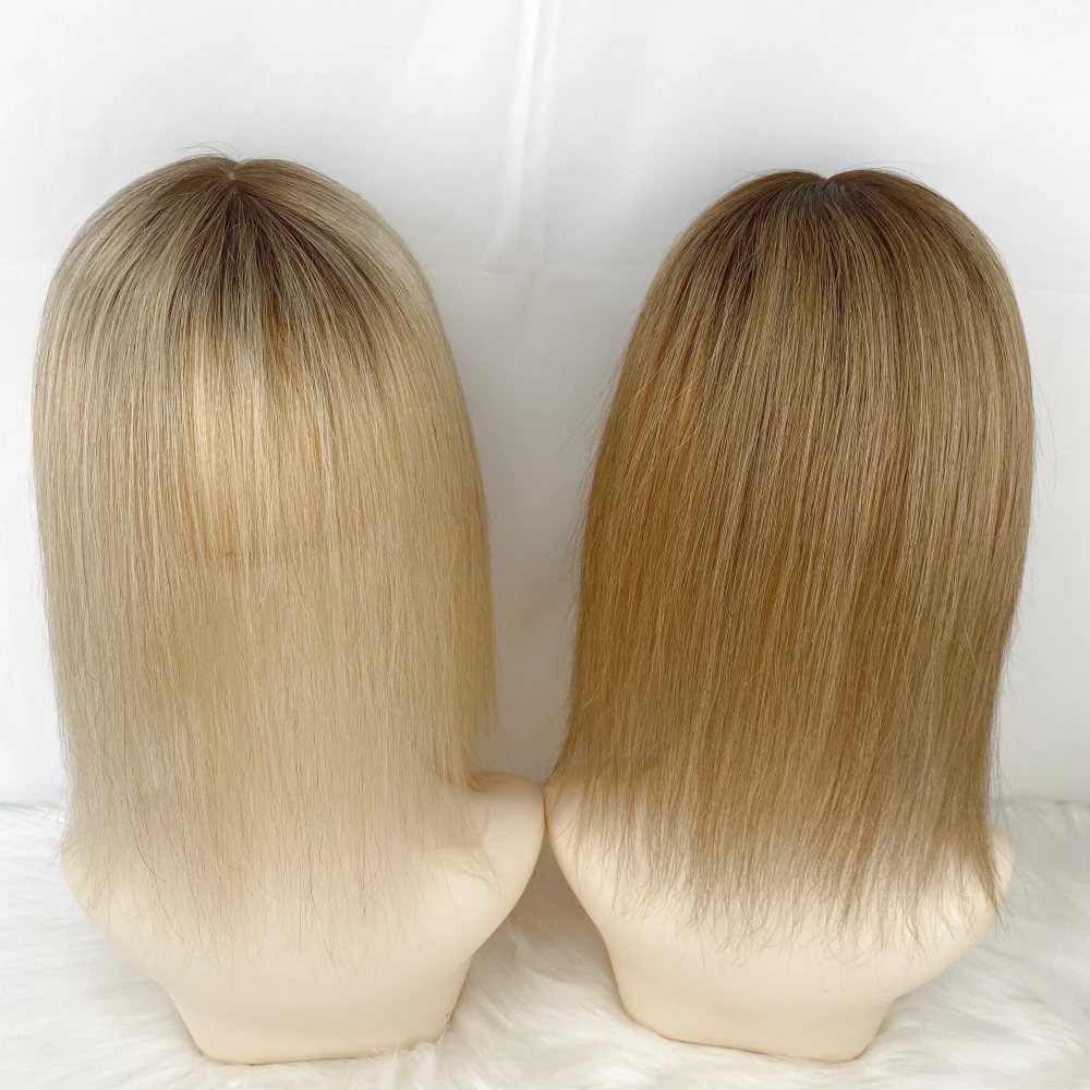 Brown Blonde Ombre Remy Human Hair Women Topper With Fringe #4/60 Two Tone Fine Hair Pieces Overlay Air Bangs 14inch 4X5.5inch