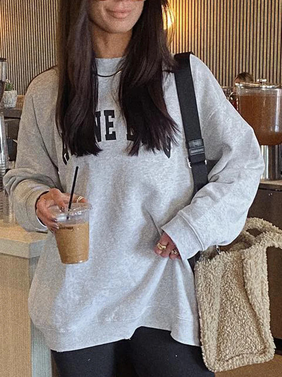 

Classic Letter Graphic Print Sweatshirts Women Autumn New Cotton O-neck Simple Casual Hoodies Oversized Streetwear Pullover Tops