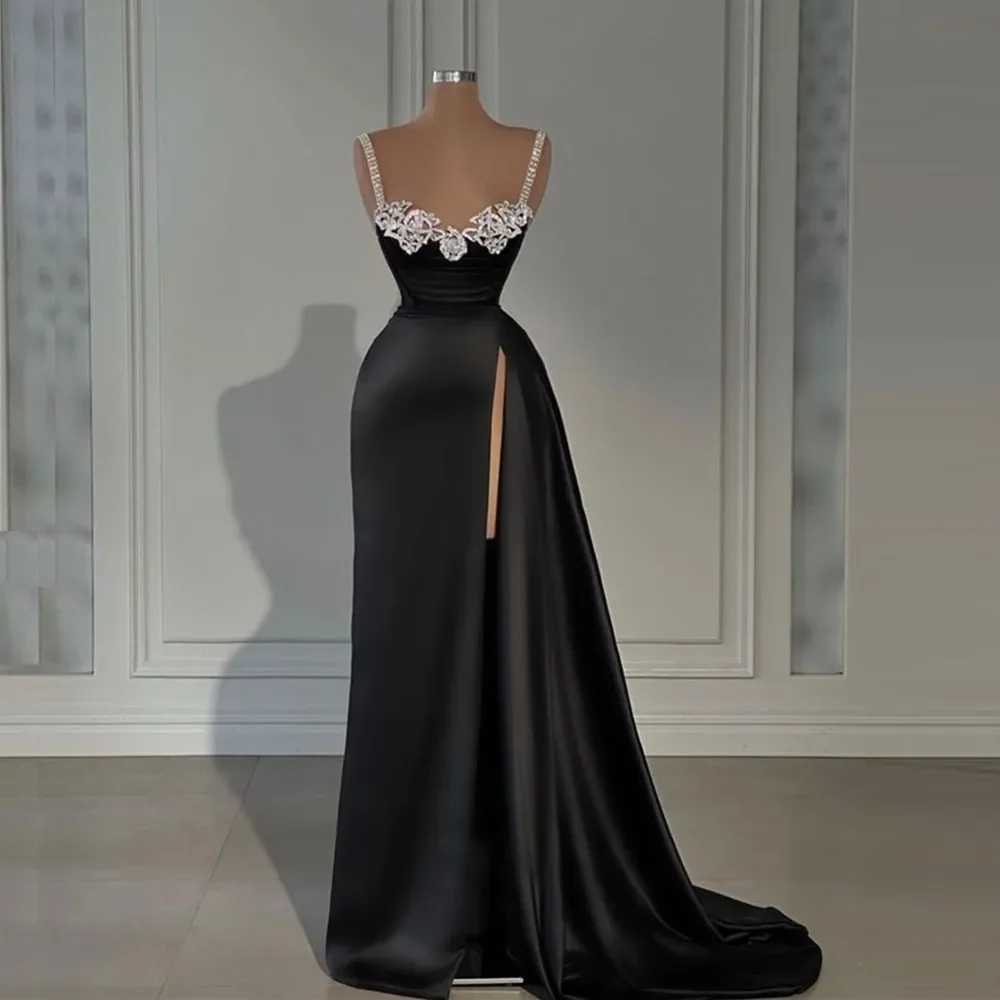 

Glitter sexy black backless Italian shoulder strap PROM Luxury evening gown side slit with floor length formal party dress