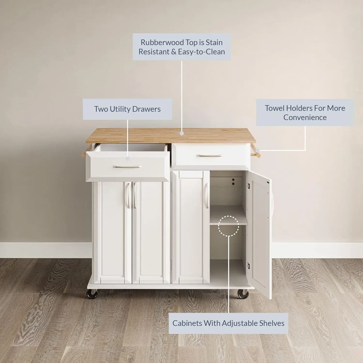 Rolling Kitchen Island Cart on Wheels with Storage Cabinet, Mobile Kitchen Cart Island Table with 2 Drawers Towel Racks Rubber