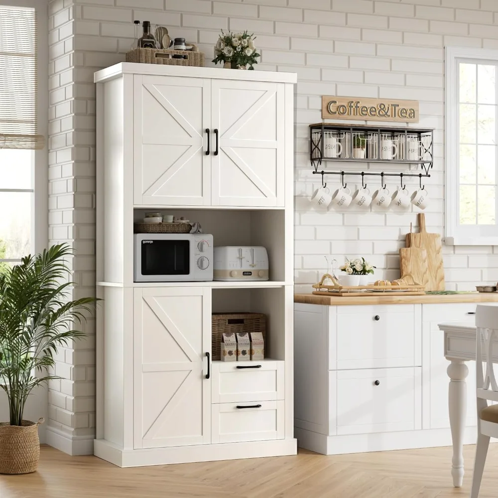 

76" Tall Farmhouse Kitchen Pantry Cabinet, Large Wood Storage Cabinet with Barn Doors & Microwave Stand,Cupboard for Dining Room