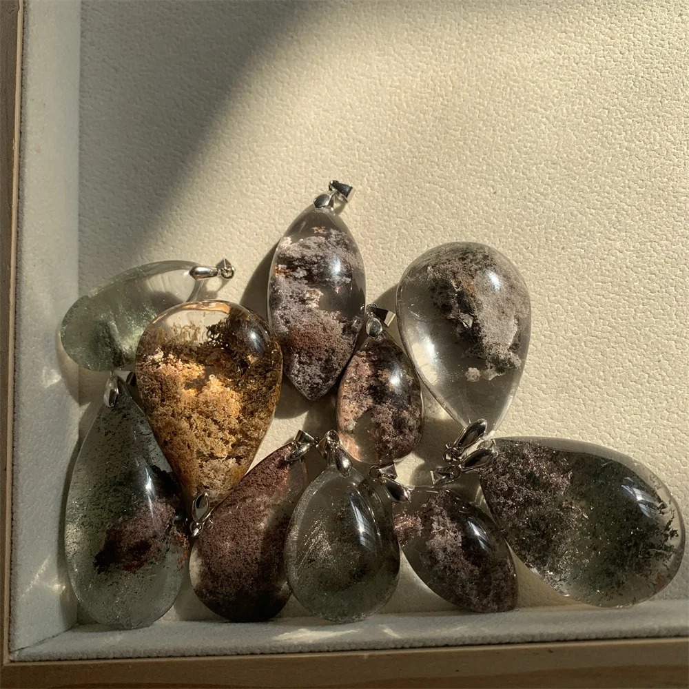 Natural Yellow Green Grey Lodolite Quartz Pendants Necklaces Women Phantom Quartz Healing Beads Clear Landscape Crystals Jewelry