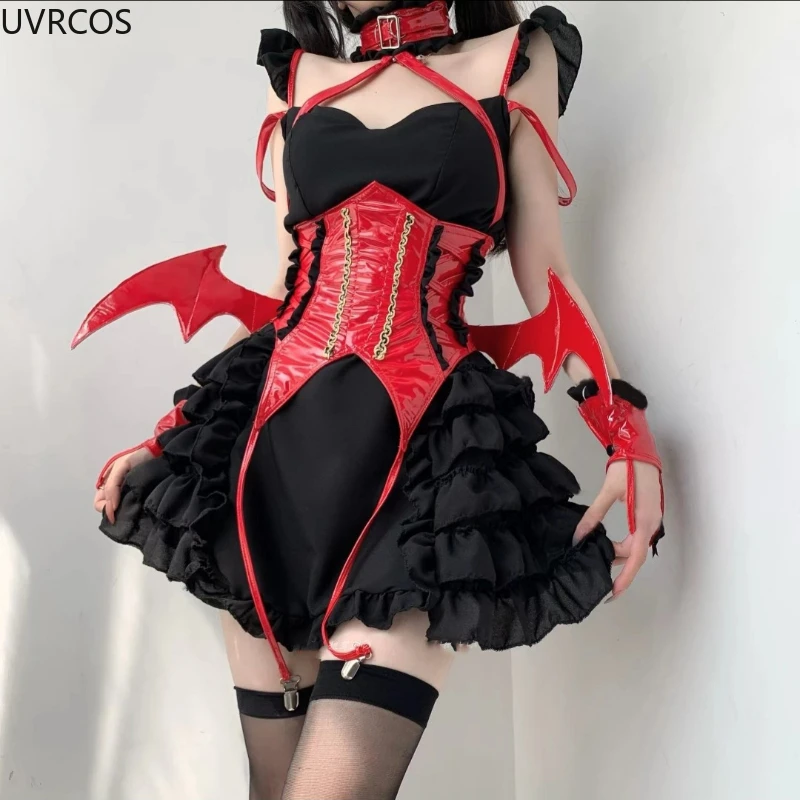 Japanese Anime Lolita Dress Women Halloween Devil Maid Unifrom Cosplay Costumes Sexy Backless Ruffles Fairy Party Mini Dresses