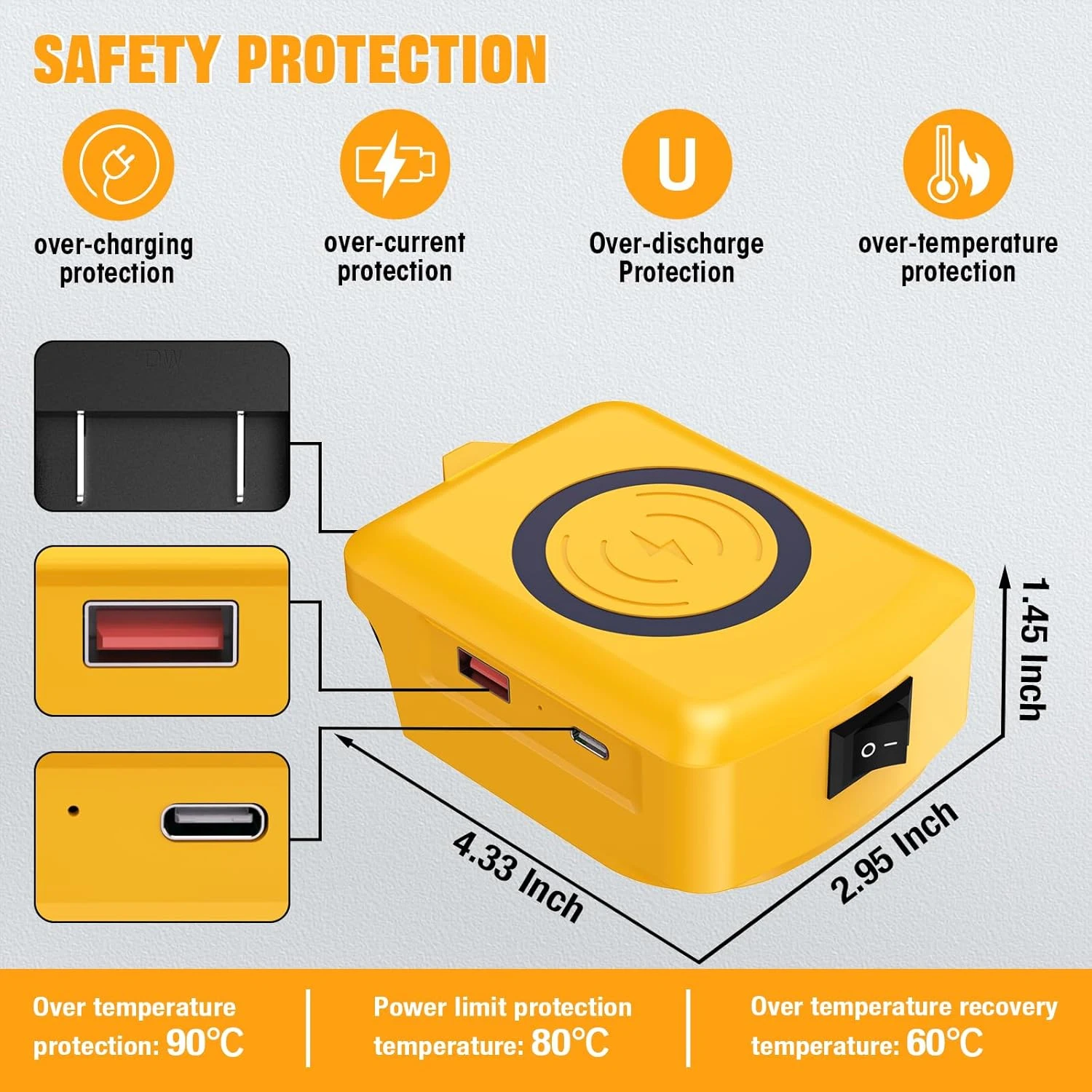 Dewalt 20V 리튬 이온 배터리용 무선 전화 충전기 USB 포트 및 TYPE C 포트가 있는 휴대폰 충전기 휴대용 야외용 보조 배터리