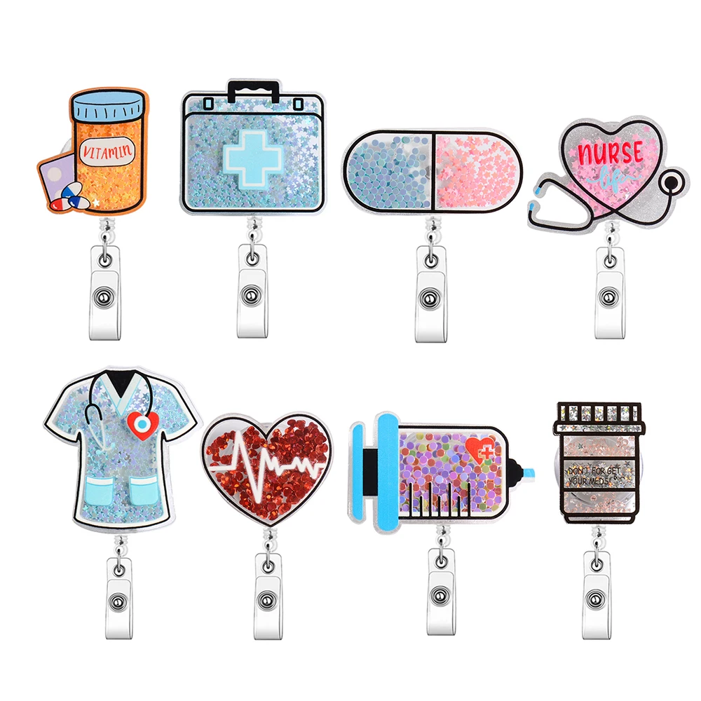 간호사 개폐식 배지 릴 반짝이 간호사 ID 셰이커 배지 거치대, 악어 클립 및 코드 포함, 귀여운 알약 개폐식 배지 릴 