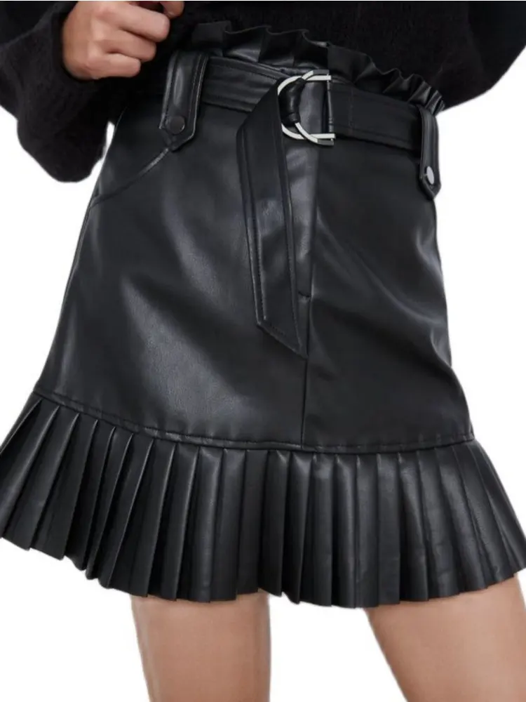 

2023 New Women Fashion Autumn Winter Pleated Faux Leather Skirts Tie Belt Lady High Waist Pockets Elegant Black Mini Party Cloth