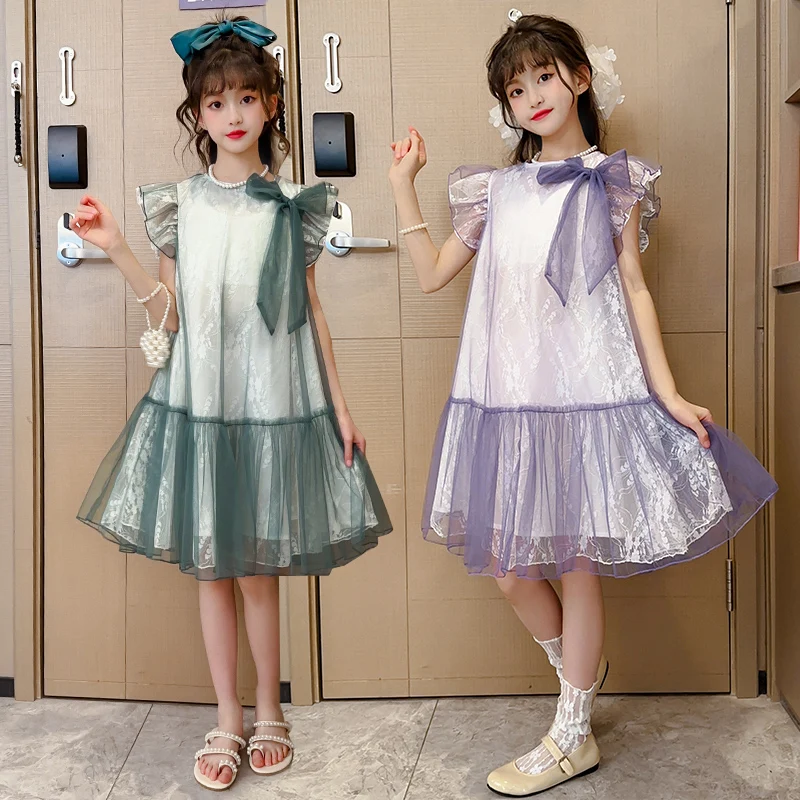 

Girls' dress 2023 bowtie purple princess dress big bow baby girl shiny gauze dress for 4 6 7 9 11 years