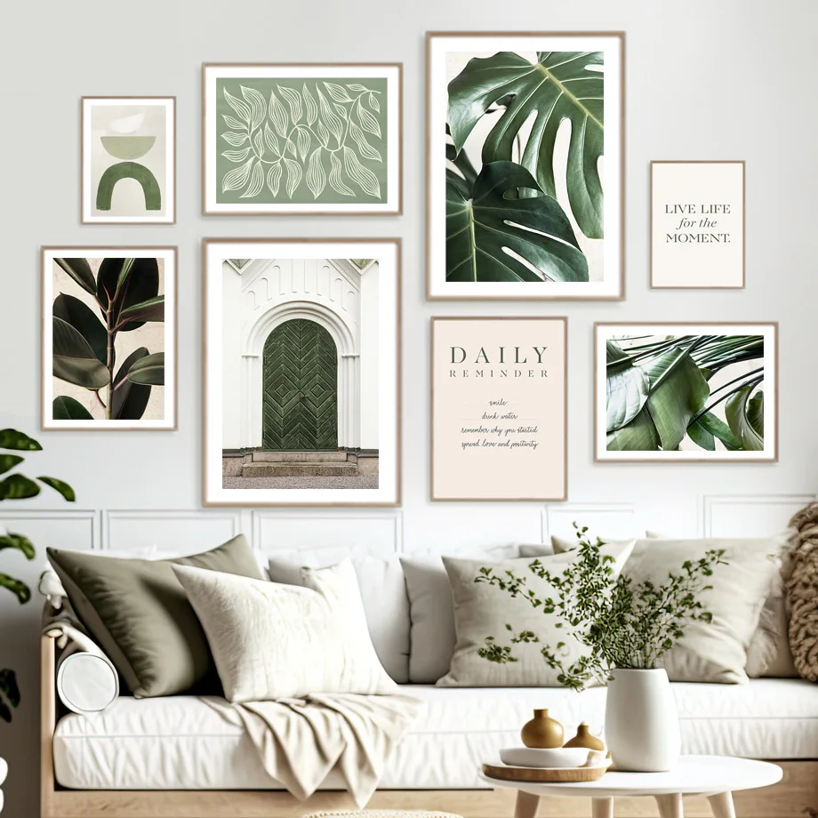 

Green Monstera Leaves Botanical Door Posters And Print Boho Graphic Shapes Wall Art Canvas Painting Decor Pictures Living Room