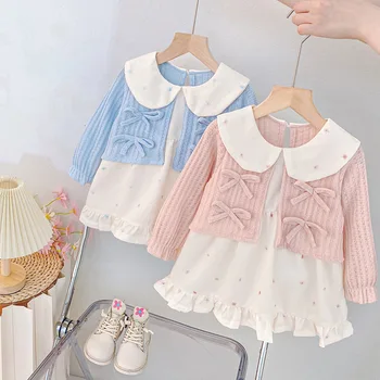 Baby Girl Clothes Spring And Autumn Bow Doll Collar Fake Two Pieces Long-Sleeved Girls Dress Cute Simple Baby Girl Dress