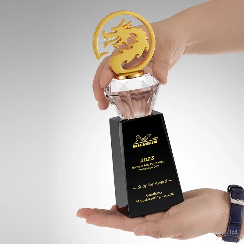 Customized High-end Crystal Trophy, Metal Dragon bibcock Shape Medal, Annual Meeting Award Free Engraving Home Decor Crafts, 1Pc