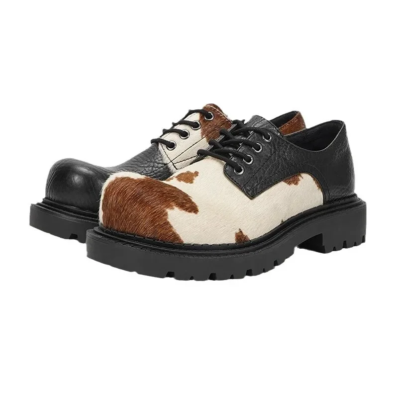 Horsehair Debi Same Men and Women Milk Mandarin Ducks Small Leather Lace-up Thick Heel Platform Soft Single Casual Shoes