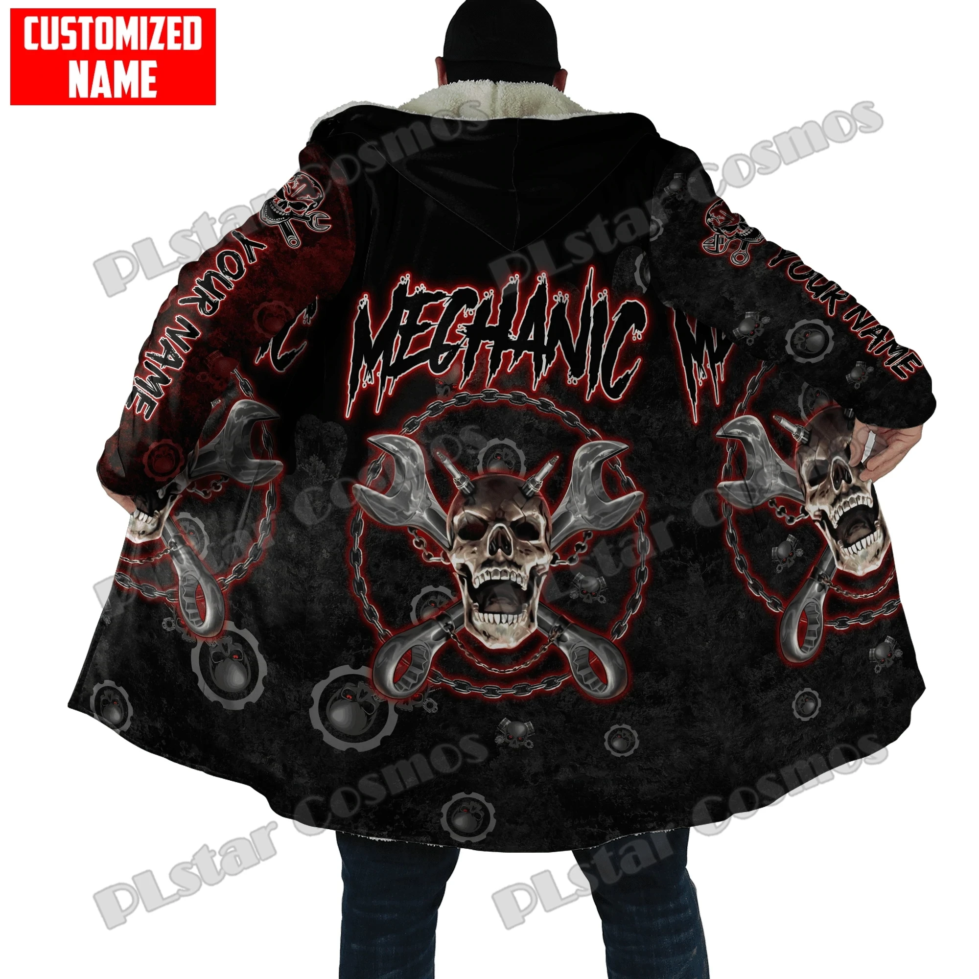 Personalisierter Mechaniker-Schädel-Werkzeug, Metall, 3D-gedruckt, Herren-Fleece-Kapuzenmantel, Winter, Unisex, lässig, dick, warm, Cape-Mantel PJ07 – Detail 9