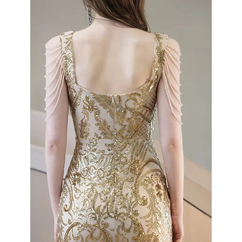 Golden Slim Evening Dresses Banquet Gown Sexy Tassel Shoulder Collar Female Party  vestido de festa New launched dress