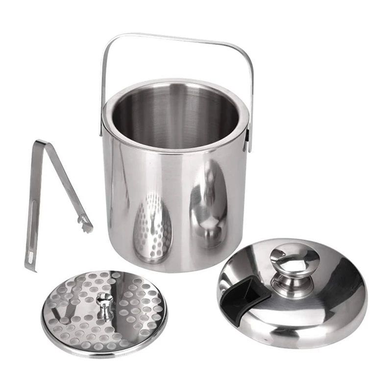 

3X Stainless Steel Ice Square Container Double Walled 1.3L Ice Bucket Container With Tongs Lid