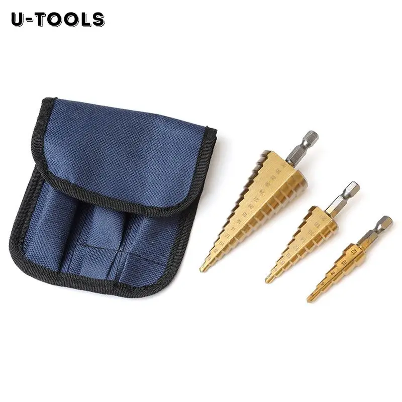 U-TOOLS HSS Straight Groove Step Drill Bits 1/3pcs 3-12mm 4-12mm 4-20mm 4-32mm Titanium Coated Wood/Metal Hole Cutter Core Drill 1 3pcs 3 12mm 4 12mm 4 20mm hss straight groove step drill bit set titanium coated wood metal hole cutter core drill bit set