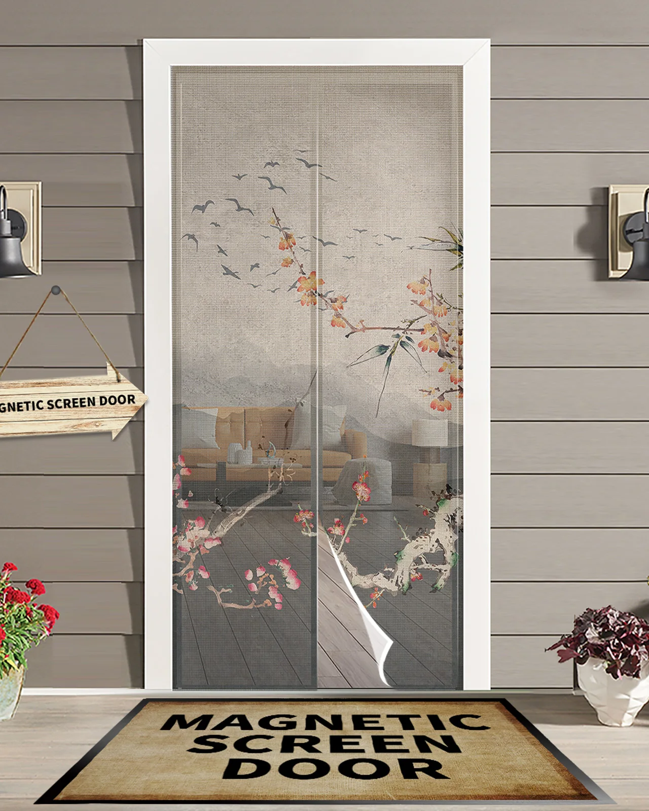 

Chinese Painting Plum Blossom Landscape Summer Magnetic Screen Door Curtain Anti Mosquito Net Insect Fly Bug Kitchen Curtains