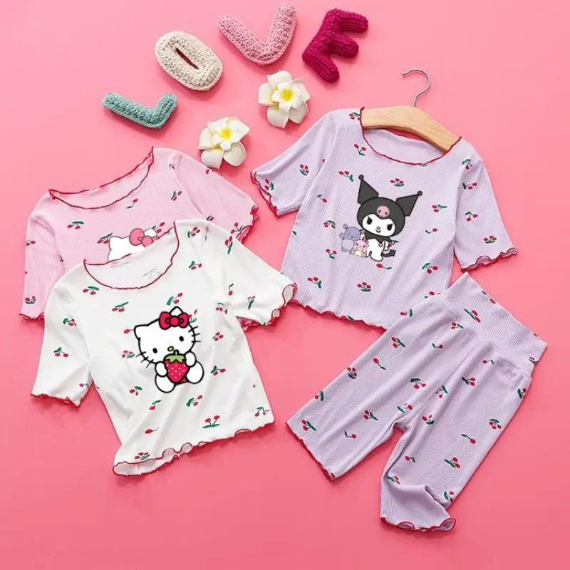 

Kawaii Sanrio Kuromi Hello Kitty My Melody Детские пижамные комплекты летние Мультяшные пижамы для мальчиков одежда с коротким рукавом пижамы для девочек