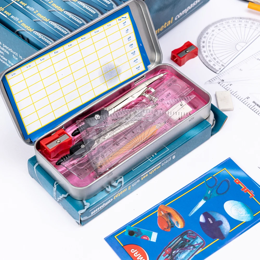 Geometry Math Compass set 9piece Shatterproof Storage Box 2 Compasses Ruler Eraser Pencil Sharpener