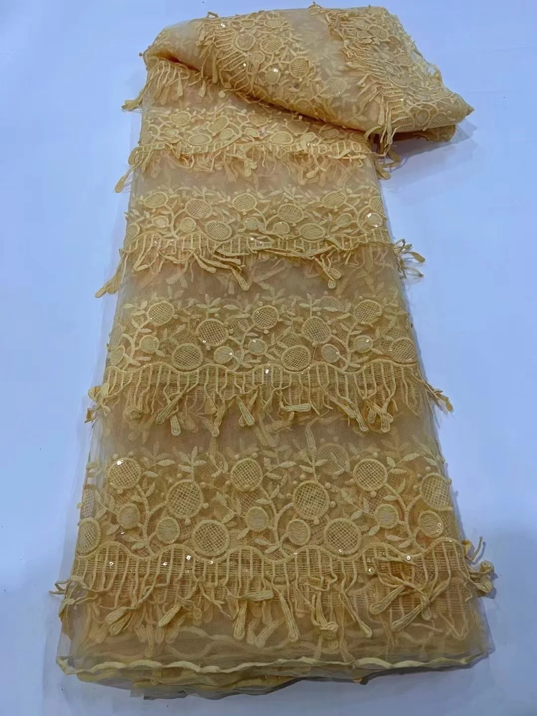 

Gold High Quality African Lace Fabric With Sequins French Embroidery Lace Fabric Nigerian Tulle Mesh Lace For Wedding Dresses