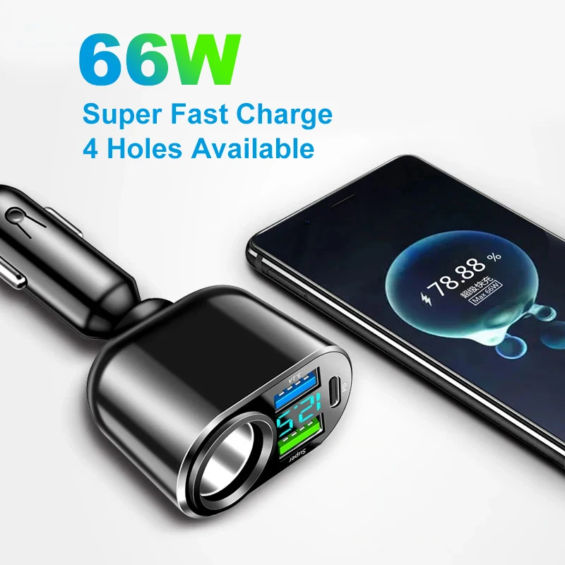 

66W 4 Ports Car Charger 3.1A Dual USB 30W PD Quick Charge Car Phone Charger Cigarette Lighter Power Adapter Fast Charger
