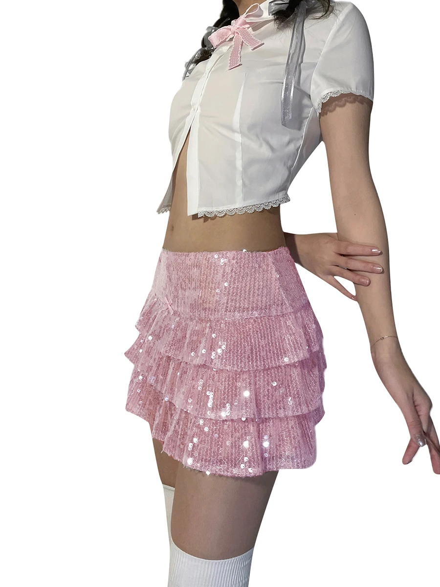 

Women s Summer Ruffle Mini Skirt Fashion Pink Layered Ruffle Streetwear High Waisted Tiered Short Sequins Skirt