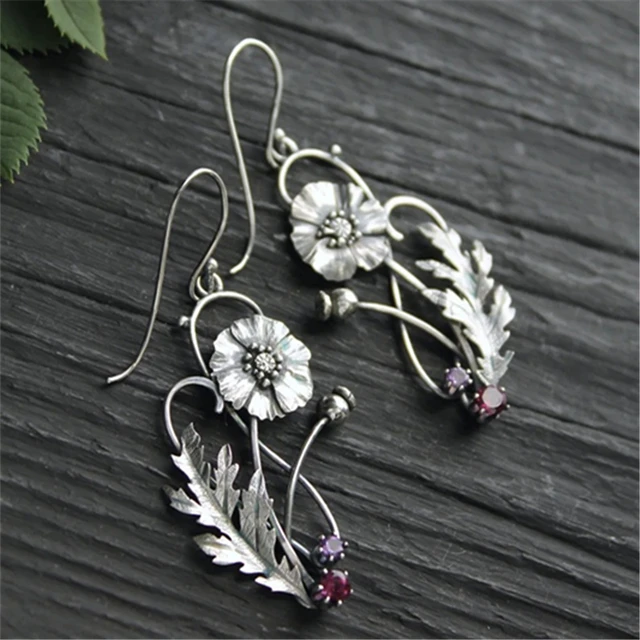 Vintage Plant Leaf Rose Flower Earrings Boho Ethnic Antique Silver