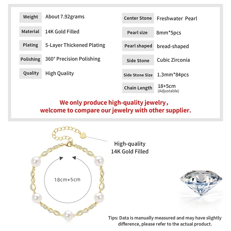 OXTAO 14K Gold gefülltes 8mm barockes Armband mit natürlichen Süßwasserperlen für Frauen und Mädchen, verstellbares Armband, Hochzeitsschmuck, Geschenk – Detail 1