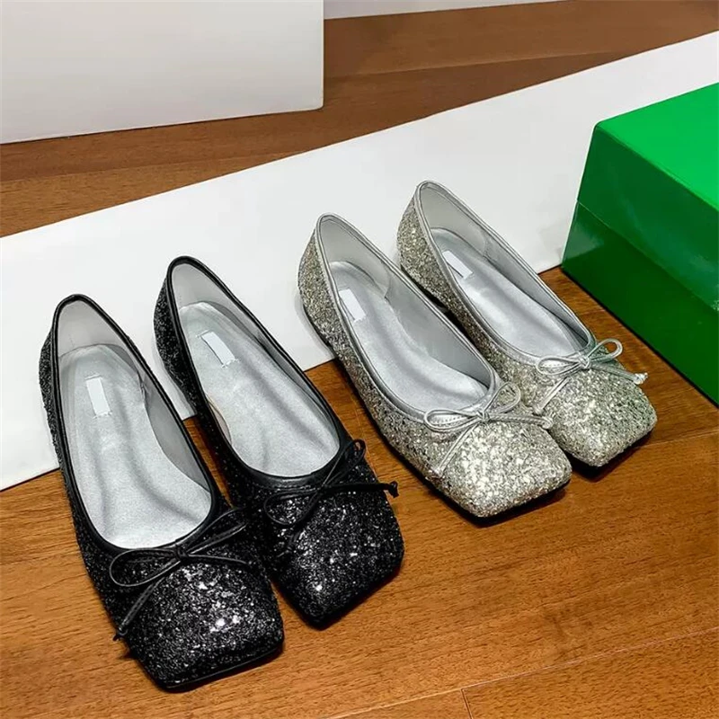 

New Luxury Design Square Toe Bling Bow Silver Shallow Leather Shoes Women Loafers Casual Dress Wedding Shoes Female Flats 5A