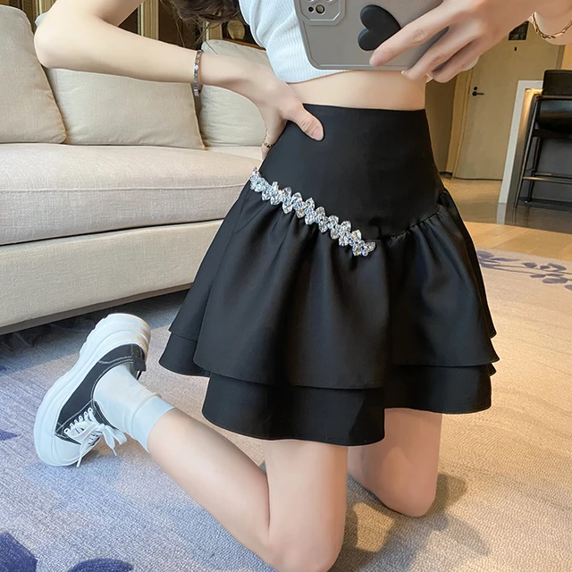 Hot Drilling High Waist Ruffles Pleated Mini Skirt Women Fashion  