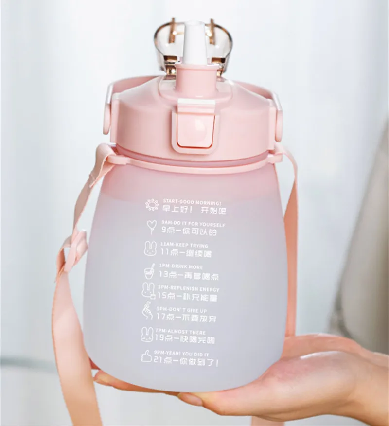 Plastic Water Bottle1.3L With Time Marker Strap Straw Leak Proof Cup Portable Fitness Gym Camping Outdoor Sports Bottle Bpa Free