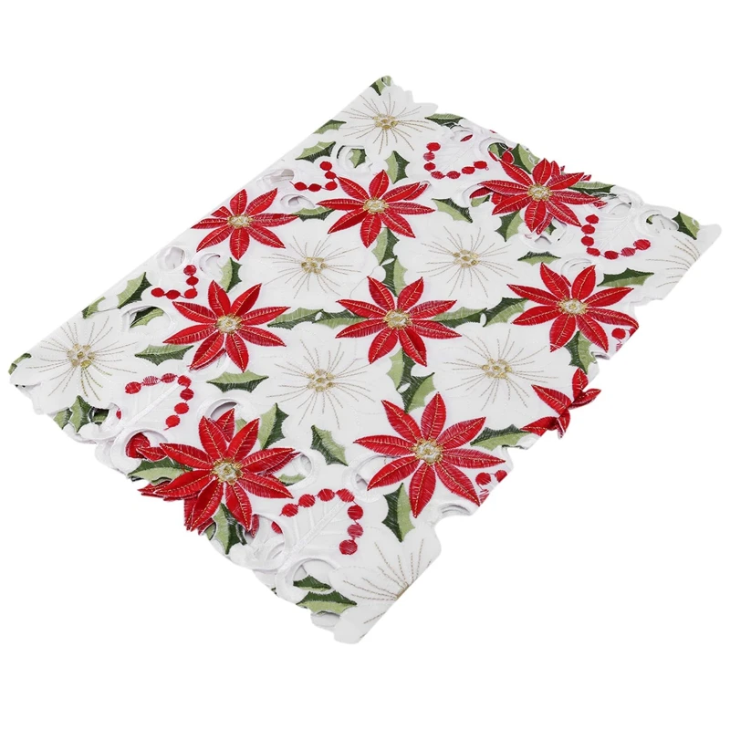 

Christmas Embroidered Table Runner, Luxury Holly Poinsettia Table Runner For Christmas Decorations, 15 X 70 Inch