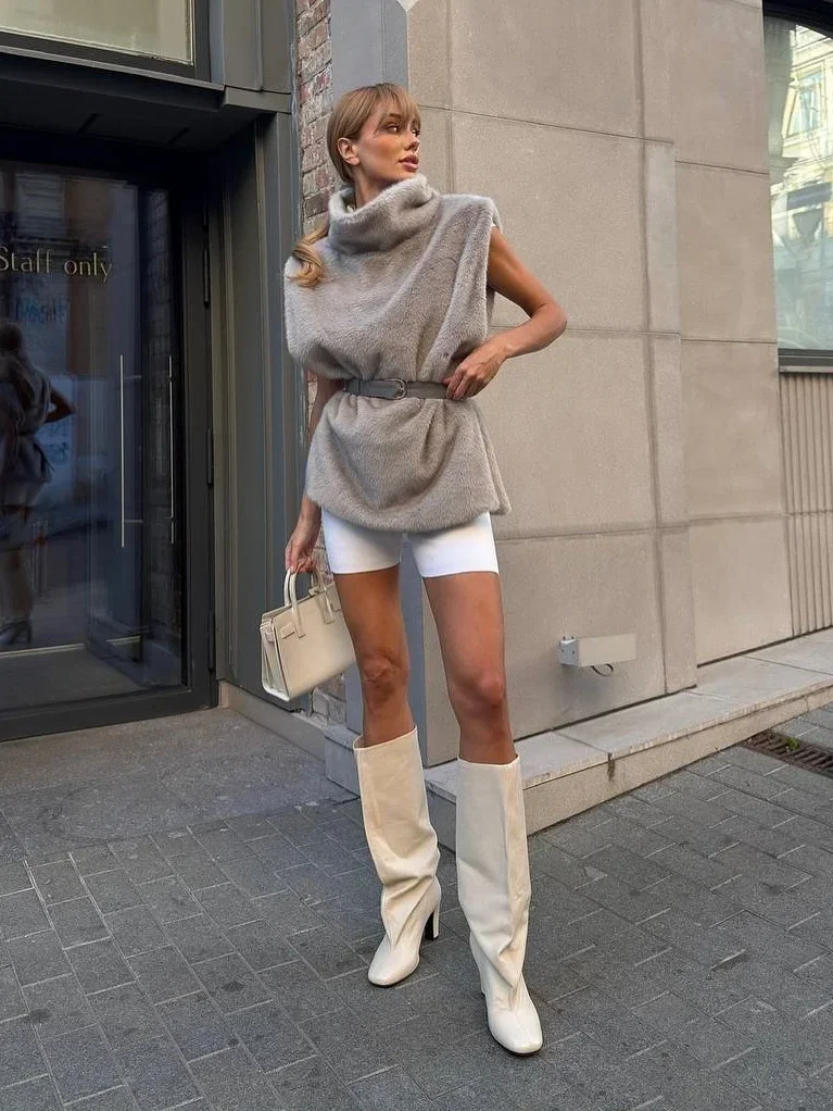 Casual Stand Collar Solid Fur Vest Women Chic Sleeveless Waist Cinching Lace Up Thick Top Fashion Lady New Business Commute Tops