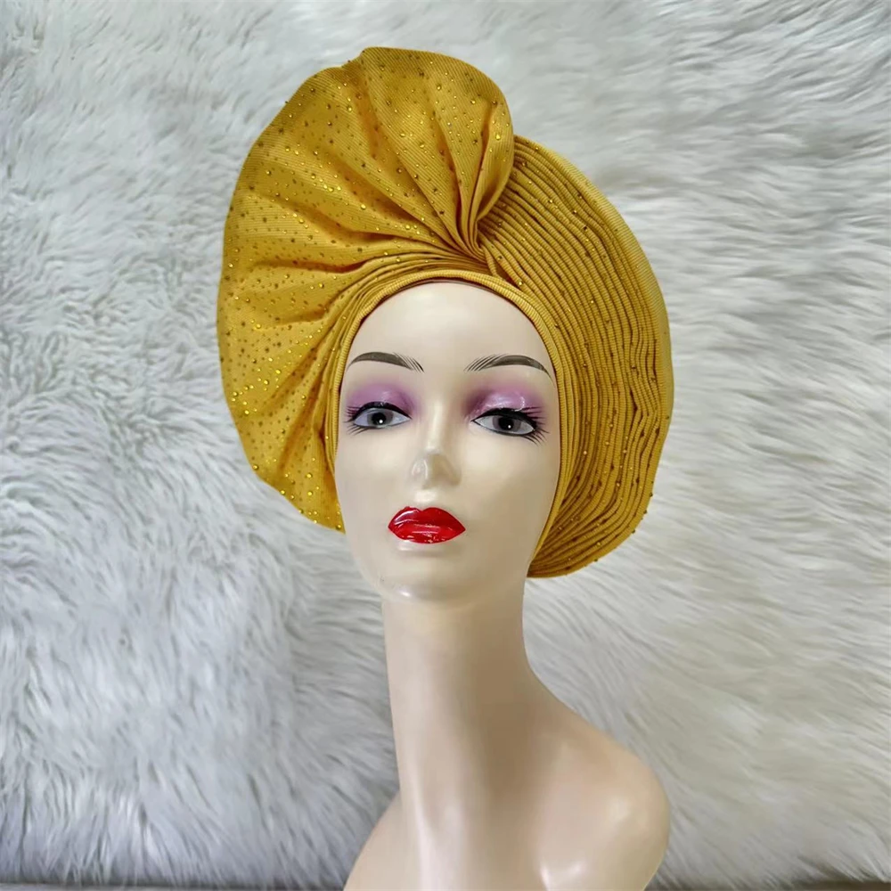 

Gold African Sego Headtie with Stones Already Made Head Wrap, Auto Sego Headscarf, Turban for Wedding and Party