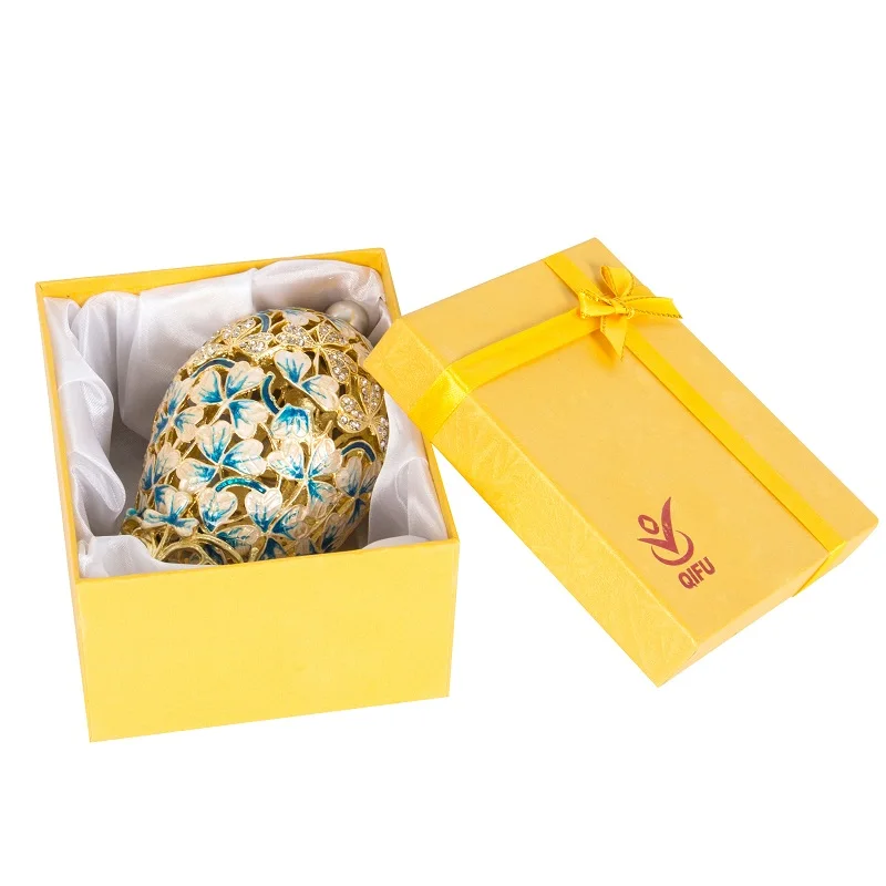 QIFU Beautiful Hollow White Leaf Faberge Egg Jewelry Trinket Box Crafts Decor