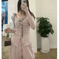 Fashion Korean Lace Up Sling Tank Tops Sexy Slash Neck Long Sleeve Buttons Clothes High Street Popular Y2k Punk Two Piece Sets