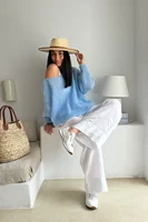 Women'S Casual Sweater   Soft  Comfortable Off Shoulder Pullover in Light Blue Perfect for Spring Fall  Casual Attire Casual S - Image 2
